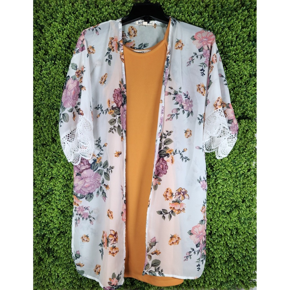 WallFlower Juniors XS Mustard Yellow Dress & Floral Kimono 2-Piece Set Crochet